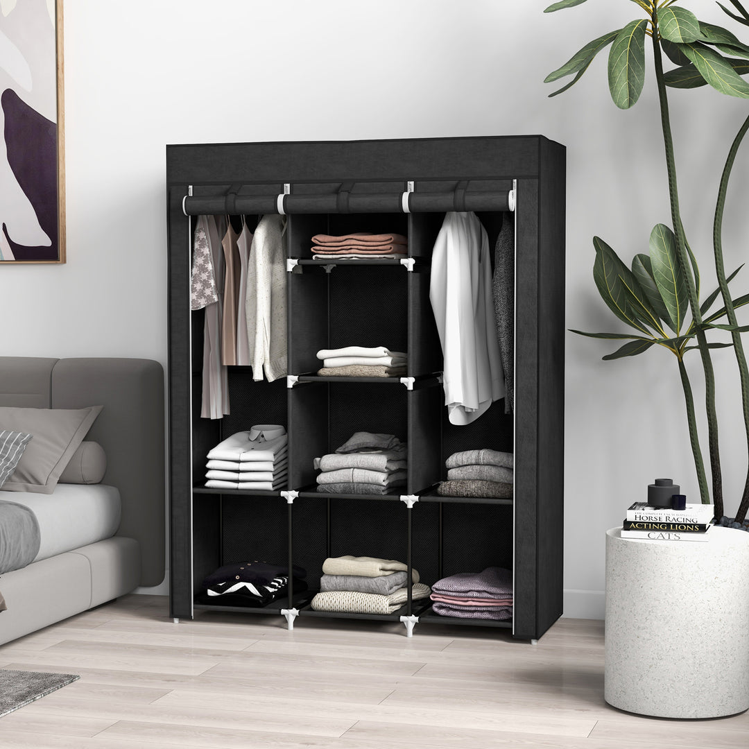 Stofgarderobe, opbevaringsløsning, 8 hylder, 2 garderobestativer, sort