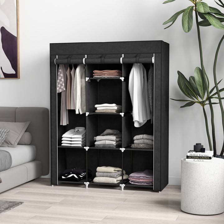 Stofgarderobe, opbevaringsløsning, 8 hylder, 2 garderobestativer, sort