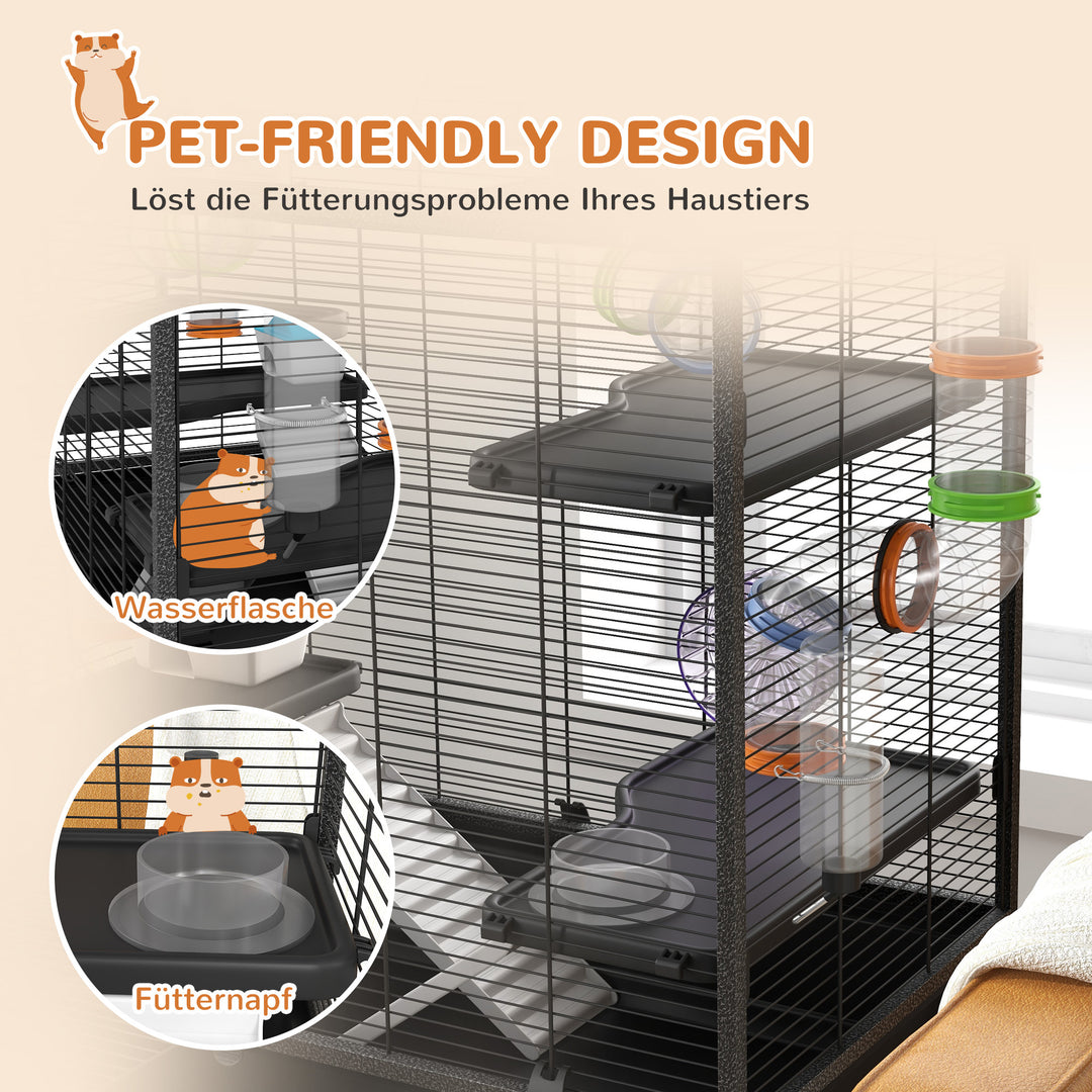 Hamsterbur med rør, træningshjul, hus, vanddispenser, 109 x 82 x 46 cm, sort