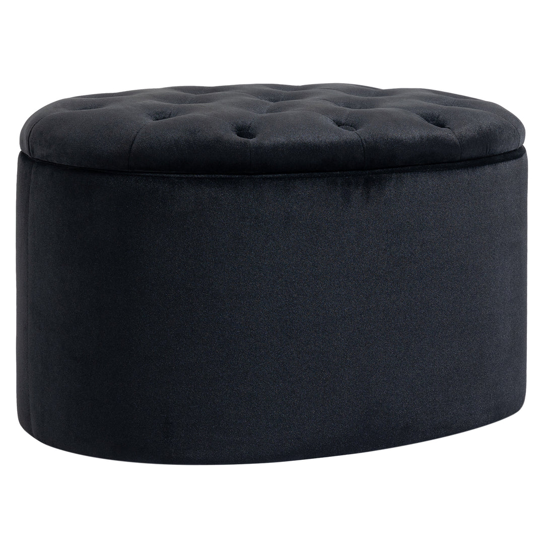 Bænk med opbevaringsplads, polstret bænk med fløjlslook, oval formet kommodebænk til stue, soveværelse, entre, 71 x 52 x 42 cm, sort