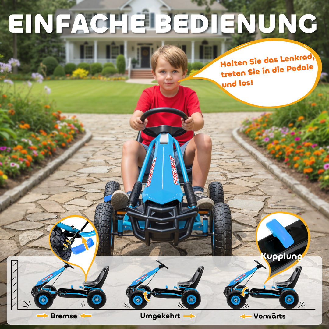 Pedal-gokart til børn, højdejusterbart sæde, EVA-hjul, bremse, kobling, alder 3-8, blå