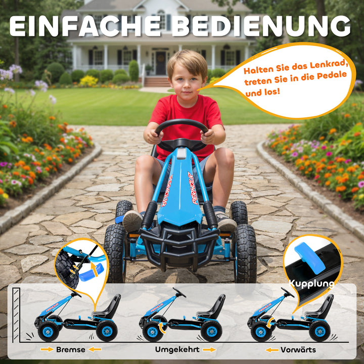 Pedal-gokart til børn, højdejusterbart sæde, EVA-hjul, bremse, kobling, alder 3-8, blå