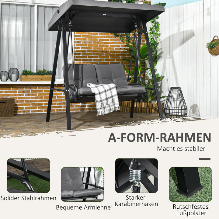 Hollywood gynge, 2-personers havegynge med justerbar baldakin, lasteevne op til 220 kg, 145 x 116 x 172 cm, mørkegrå