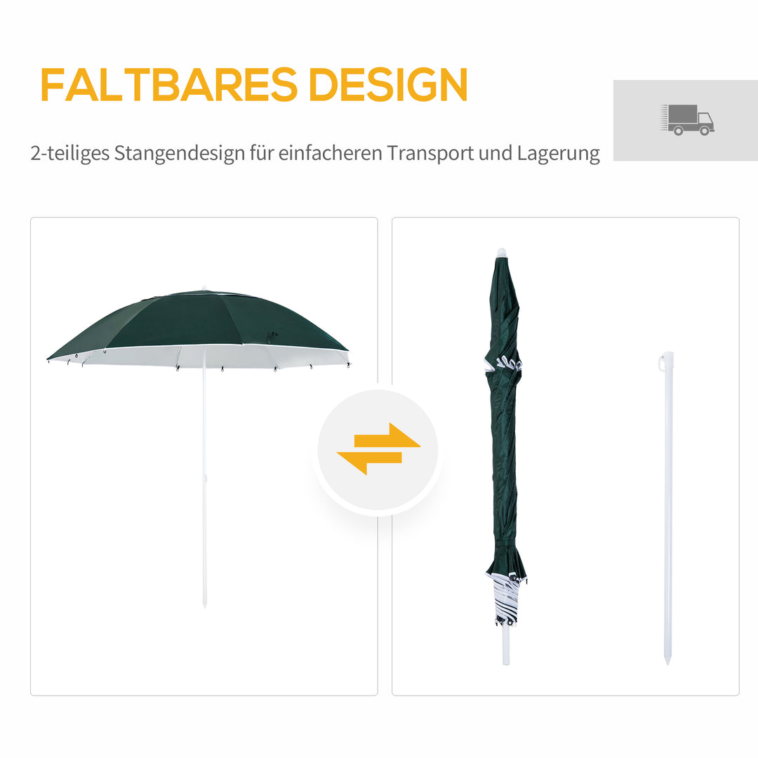 2-i-1 strandparasol Ø 210 cm UPF 50+ vindtæt strandparasol med sidepaneler bæretaske balkonparasol foldbar haveparasol solbeskyttelse til rejser, strand, balkoncamping mørkegrøn