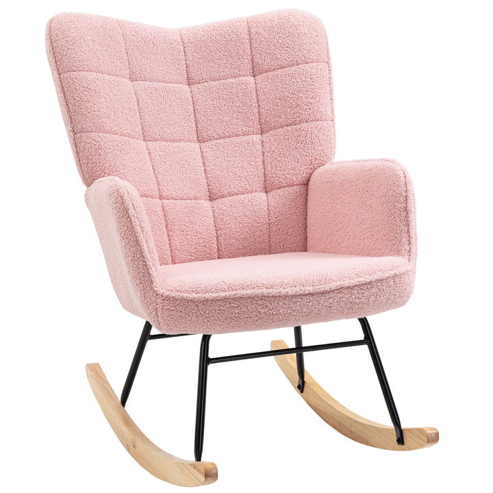 Retro gyngestol, massivt træ, lænestol, afslappende lænestol, 98 cm x 71 cm x 101 cm, lyserød