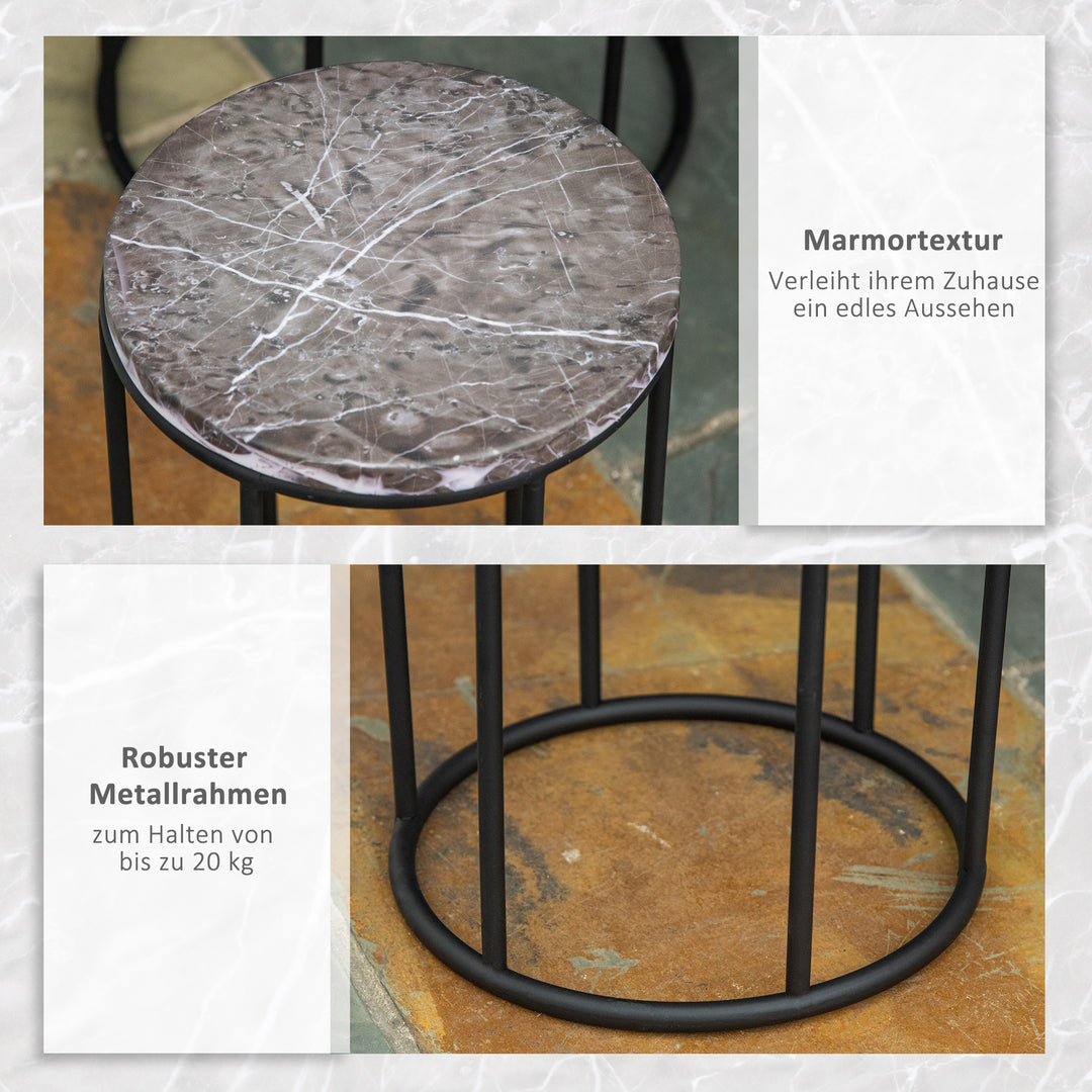 Sæt med 3 metalblomsterstativer, plantestativer i marmorlook, stabelbare blomsterpotteholdere, sort og grå