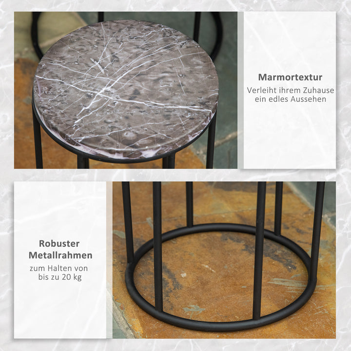 Sæt med 3 metalblomsterstativer, plantestativer i marmorlook, stabelbare blomsterpotteholdere, sort og grå