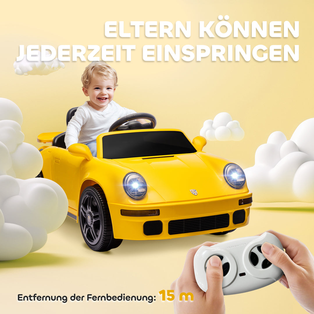 Børne elbil, 12V børnebil med fjernbetjening, softstart, MP3-afspiller, LED-lys, horn, energiindikator, gul