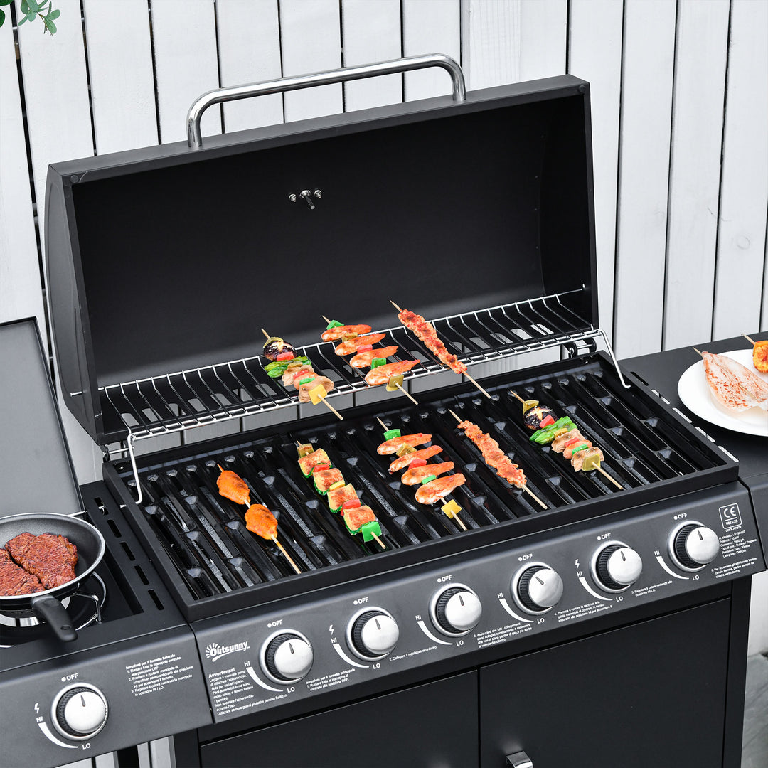 Gasgrill med 7 brændere, inklusive termometer, BBQ-grill, bærbar grill, sort
