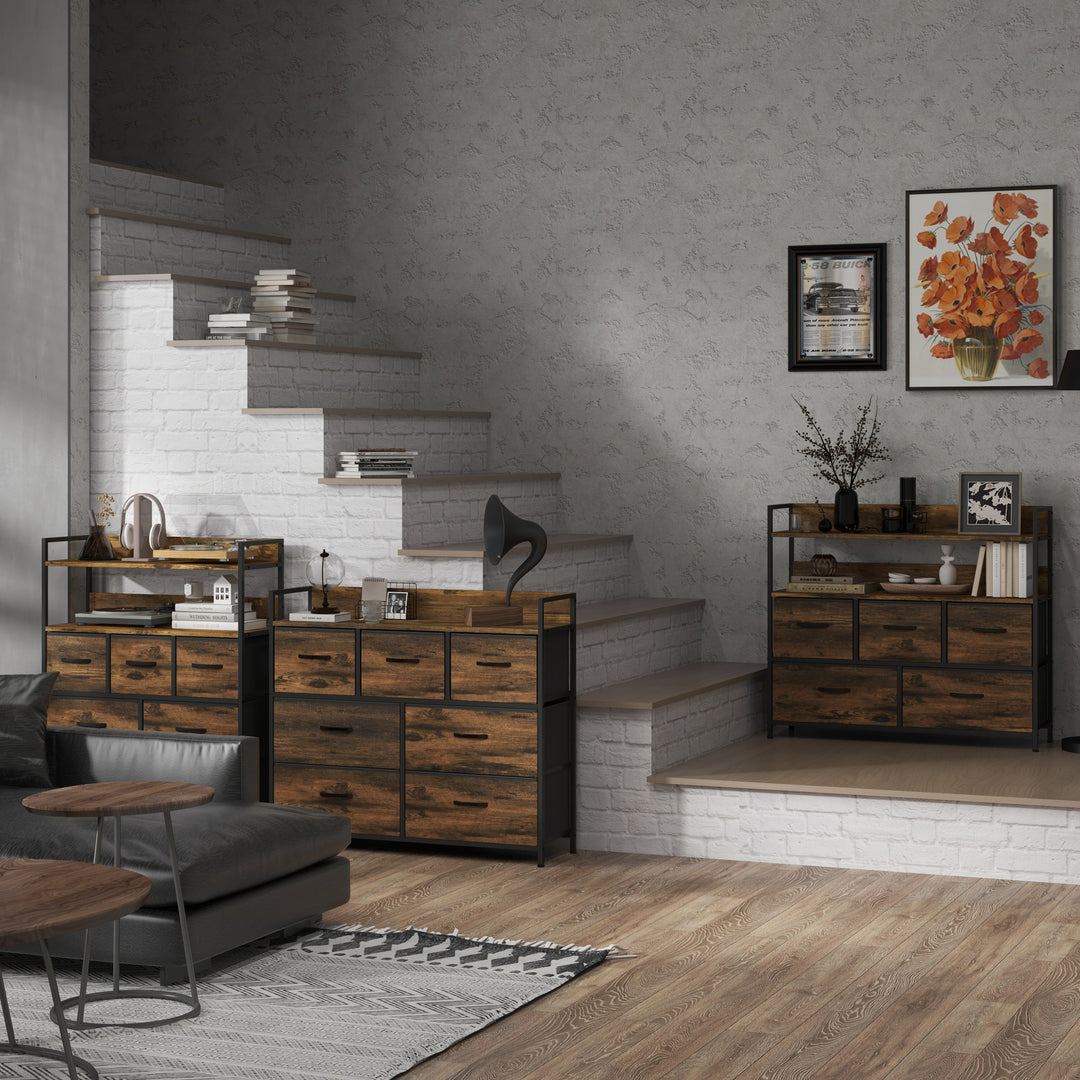 Kommode, skænk med 7 stofskuffer, industrielt design, stålstel, 98 x 29 x 85 cm, brun/sort