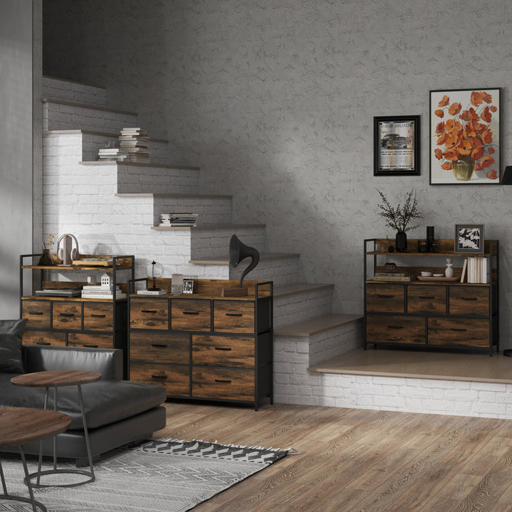 Kommode, skænk med 7 stofskuffer, industrielt design, stålstel, 98 x 29 x 85 cm, brun/sort