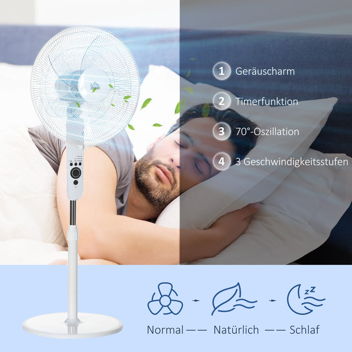 Standventilator med fjernbetjening, højdejusterbar, 3 hastighedsindstillinger, metal, hvid, Ø44,5 x H110-124 cm
