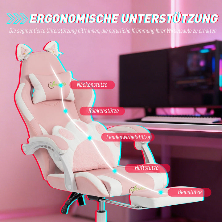 Ergonomisk gamingstol, katteøre gamerstol lavet af kunstlæder med lændestøtte, fodstøtte, nakkestøtte, pink