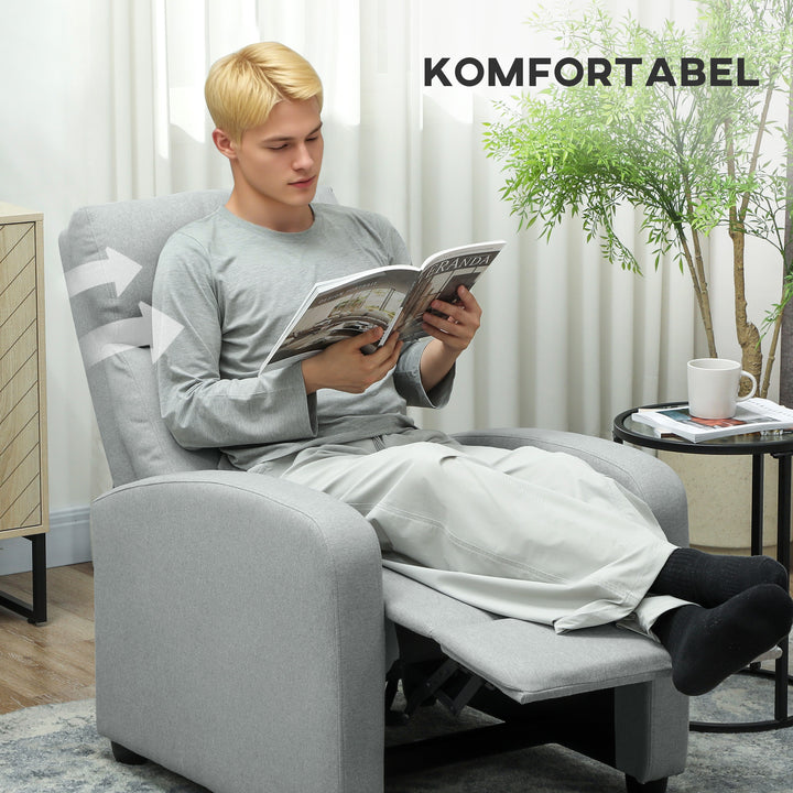 Lænestol, justerbar 135°, udtrækkelig fodstøtte, polstrede armlæn, hør-polyester, lysegrå