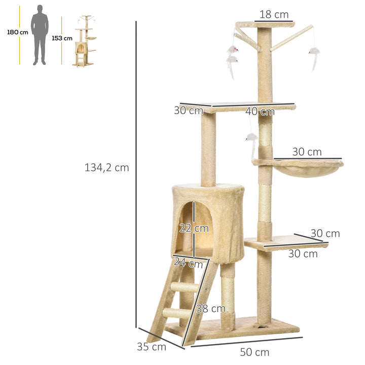 Kradsetræ 134,2 cm kattetårn med hule, 2 sisal-legetøjsstolper, stor platform, trappe, kradsetræ i flere niveauer, klatretræ, til mellemstore katte, beige+hvid