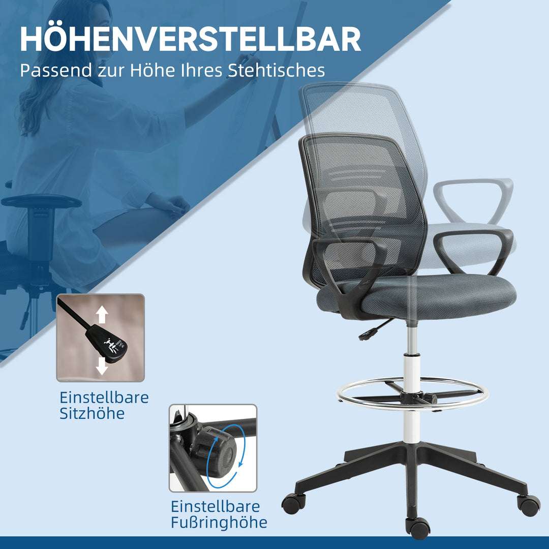 Kontorstol ergonomisk skrivebordsstol med armlæn og justerbar fodstøtte netbetræk grå