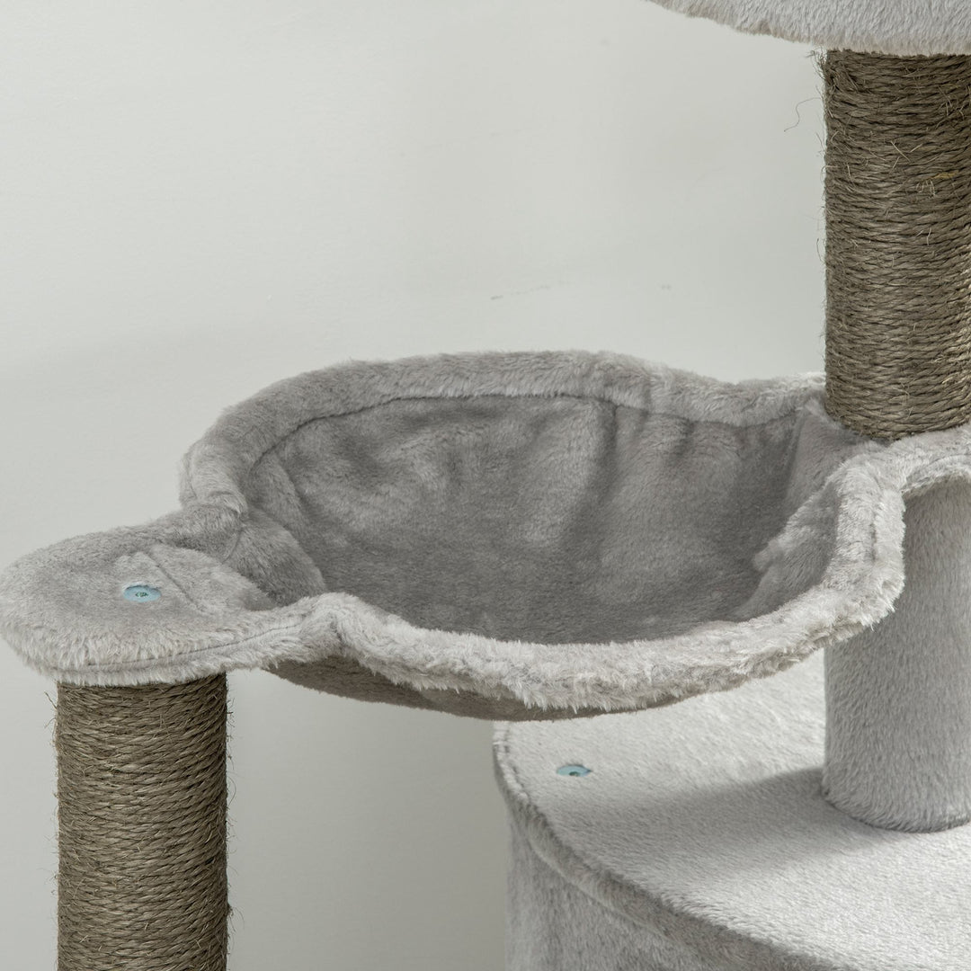 Kradsetræ med kattehule, katteseng, kattehængekøje og legetøj, 60 cm x 40 cm x 113 cm, lysegrå