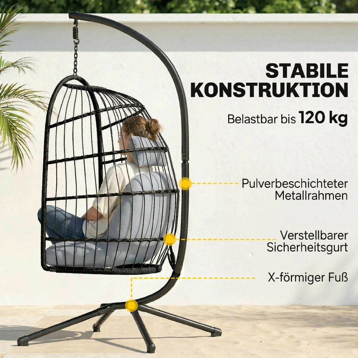 Hængestol med stel, foldbar hængekurv i polyrattan med hynde, sikkerhedssele, nakkestøtte, justerbare stropper