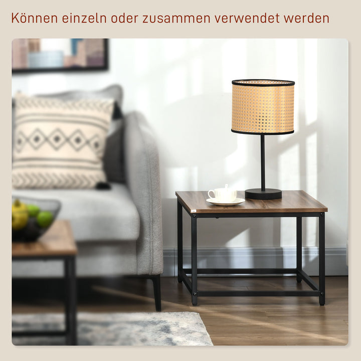 Indskudsbord sæt med 2 sideborde, industridesign, sort stålstel, bordplade i trælook