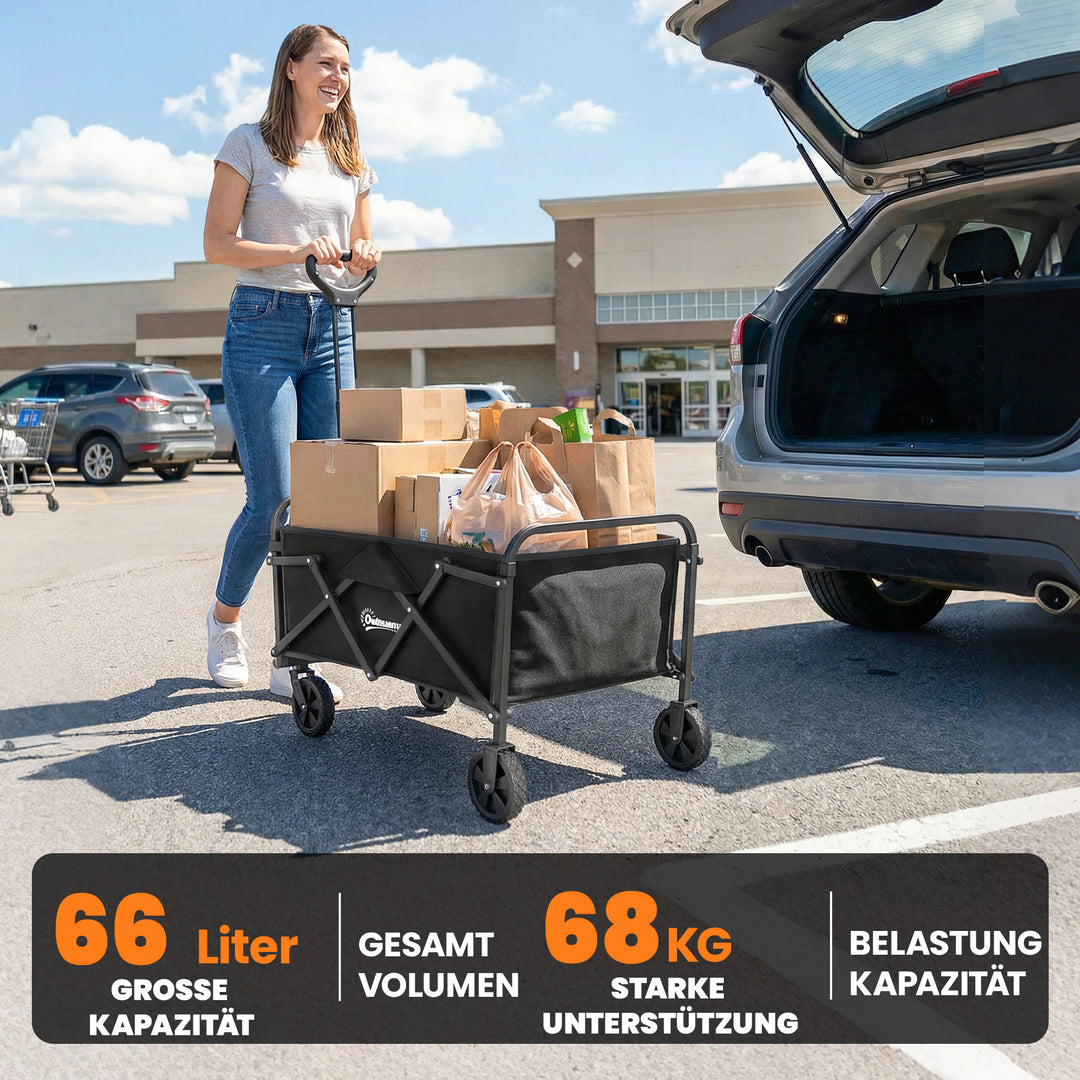 Sammenklappelig sækkevogn med håndtag, justerbar håndtagshøjde, op til 68 kg lasteevne, til sport, shopping, camping, sort