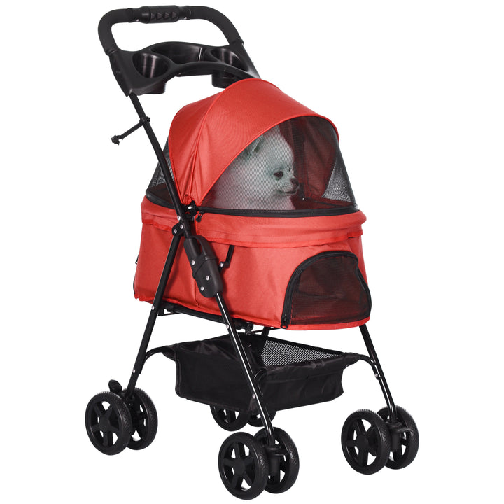 Hundevogn op til 4 kg sammenklappelig netkurv med vindue, gulv, kopholder, aftageligt tag, rød 67 x 45 x 96 cm