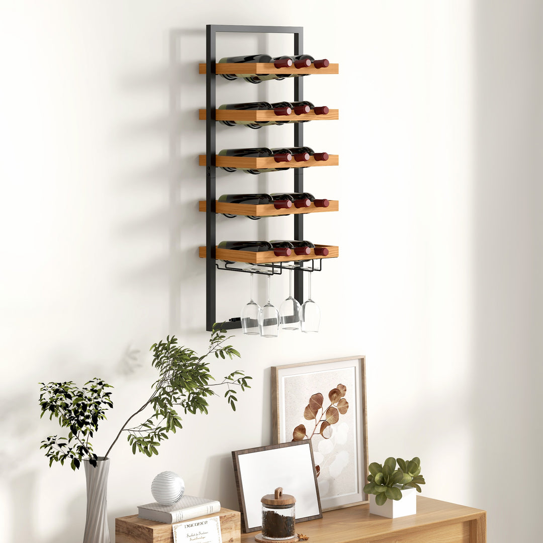 Vægmonteret vinreol, 5 etager, flaskeholder, glasholder, fyrretræ, stål, hjemmebar, køkken, stue, brun