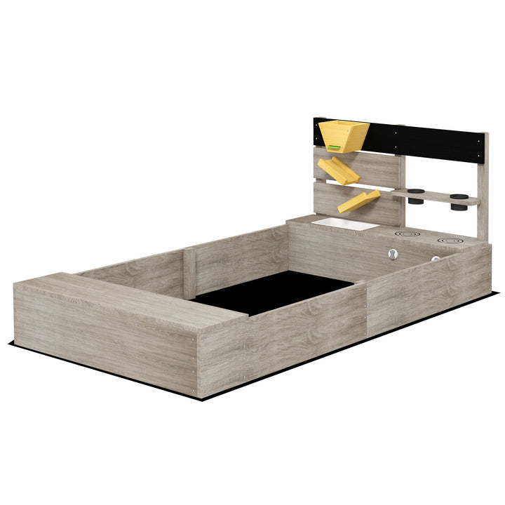 Sandkasse med vandstation, 2 plantekasser, behandlet massivt træ, 154 x 80 x 60 cm, grå