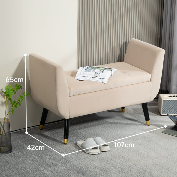 Polstret bænk med opbevaring, armlæn, fløjlspolyester, gummitræ, 107 x 42 x 65 cm, beige