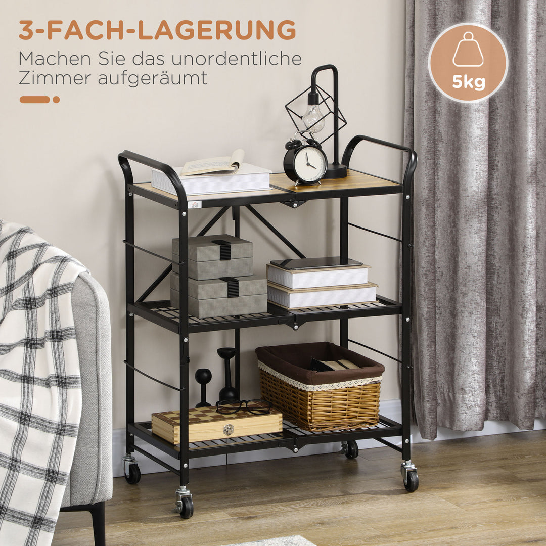 Industrikøkkenvogn med 3 hylder, multifunktionsvogn, serveringsvogn, 4 hjul, foldbar, brun + sort