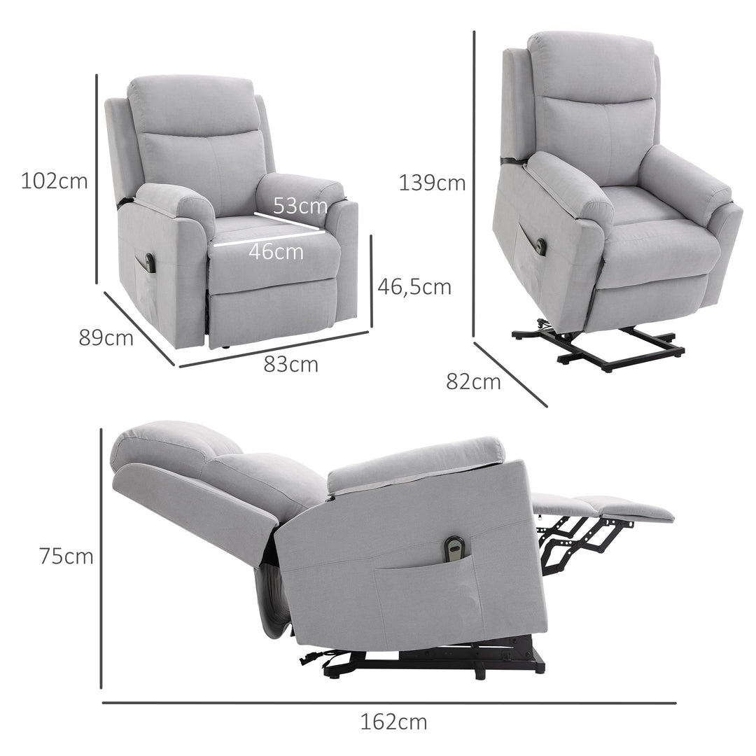 Elektrisk stol med hæve-sænkefunktion til seniorer, lænestol, tv-stol med sovefunktion og ståhjælp, tv-stol, lænefunktion, linned touch, lysegrå, 83 x 89 x 102 cm