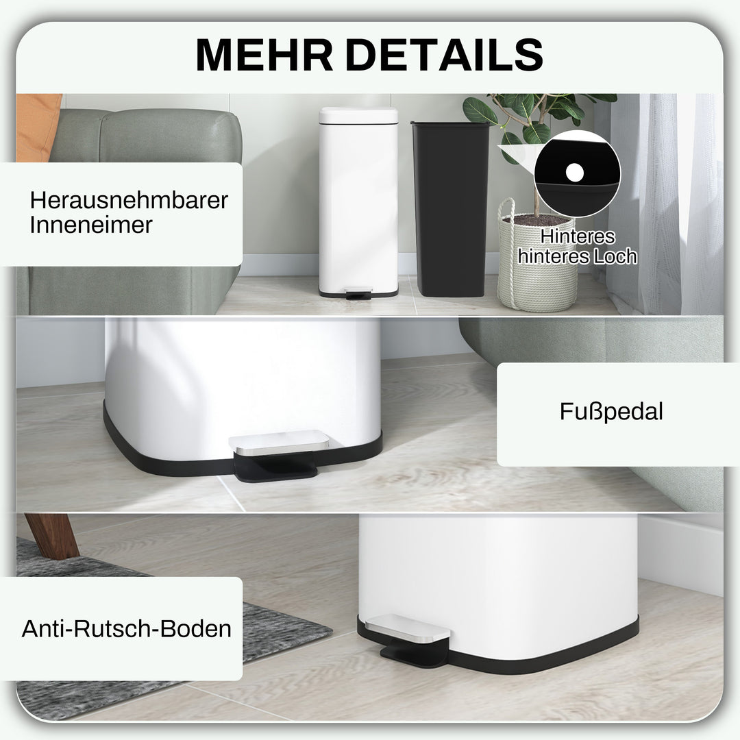 30L affaldsbeholder, soft-close låg, fingeraftrykssikker, fodpedal, metal/plast, 28x35x63,5 cm, hvid