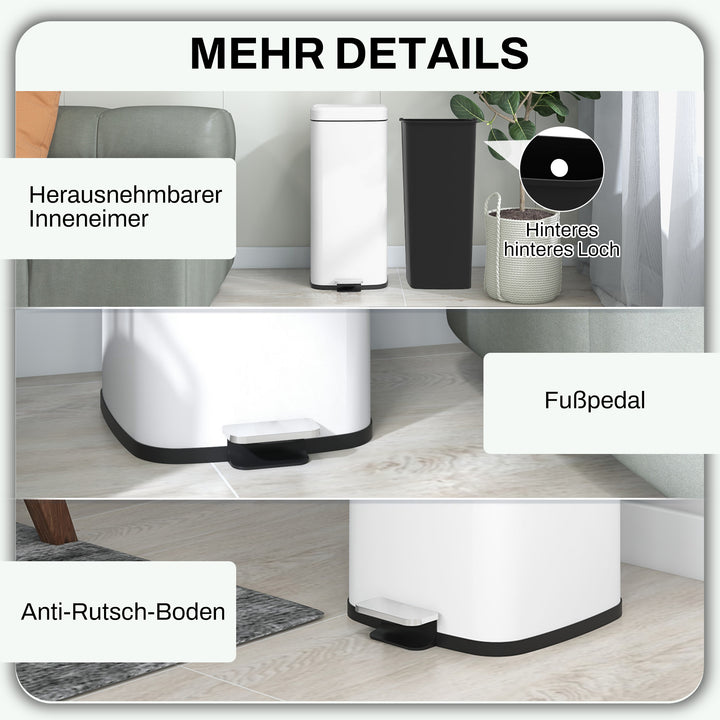 30L affaldsbeholder, soft-close låg, fingeraftrykssikker, fodpedal, metal/plast, 28x35x63,5 cm, hvid
