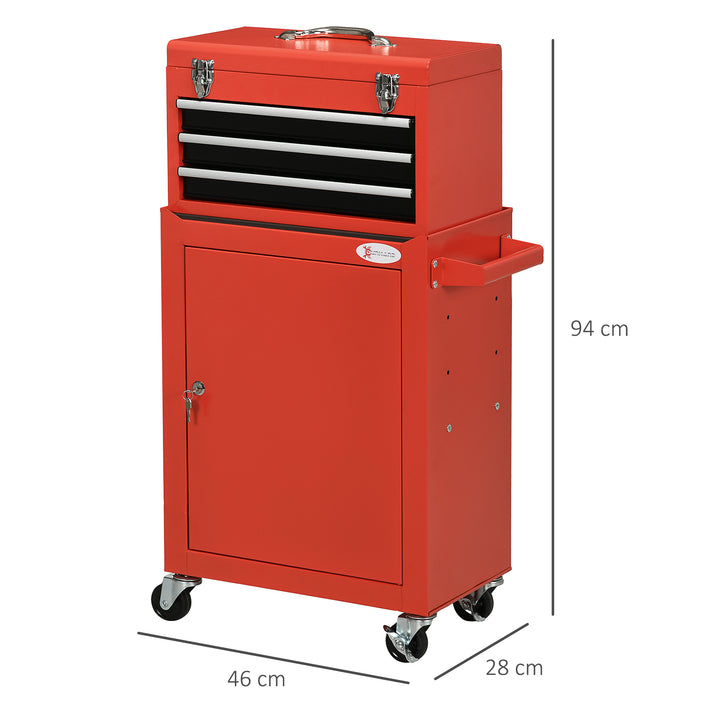 2-I-1 mobil værktøjsvogn med 3 skuffer og værktøjstavle, stålkabinet, 46l x 28b x 94h cm, rød
