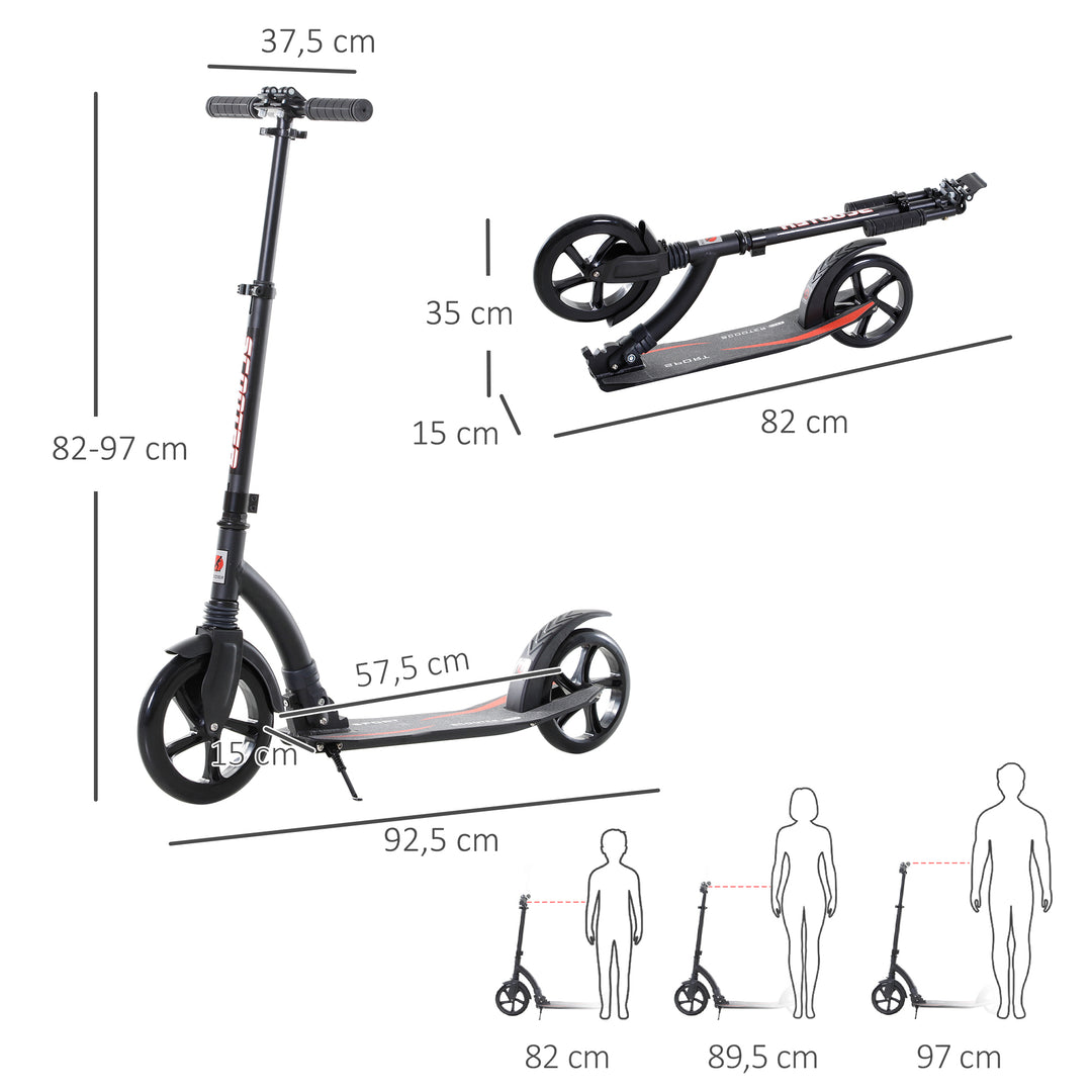 Foldbart løbehjul, sparkscooter, foldbar, med støddæmpere, fra 14 år, sort