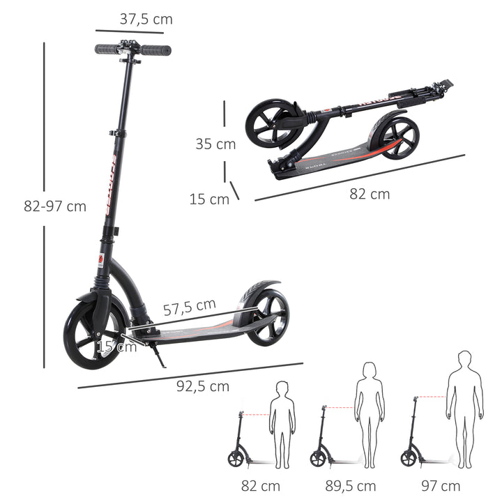 Foldbart løbehjul, sparkscooter, foldbar, med støddæmpere, fra 14 år, sort