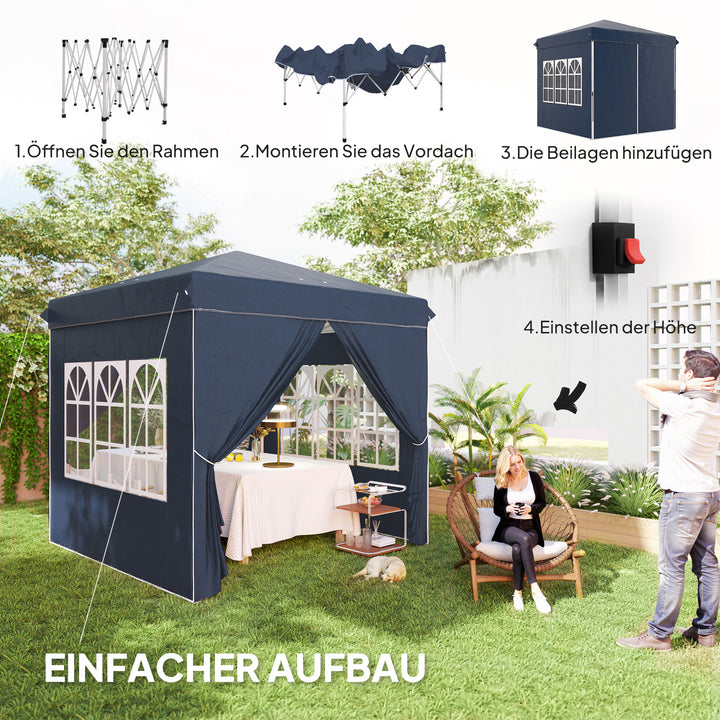 2,5 x 2,5 m pop-up pavillon med sidepaneler og bæretaske, UPF50+ højdejusterbart havetelt, mørkeblå