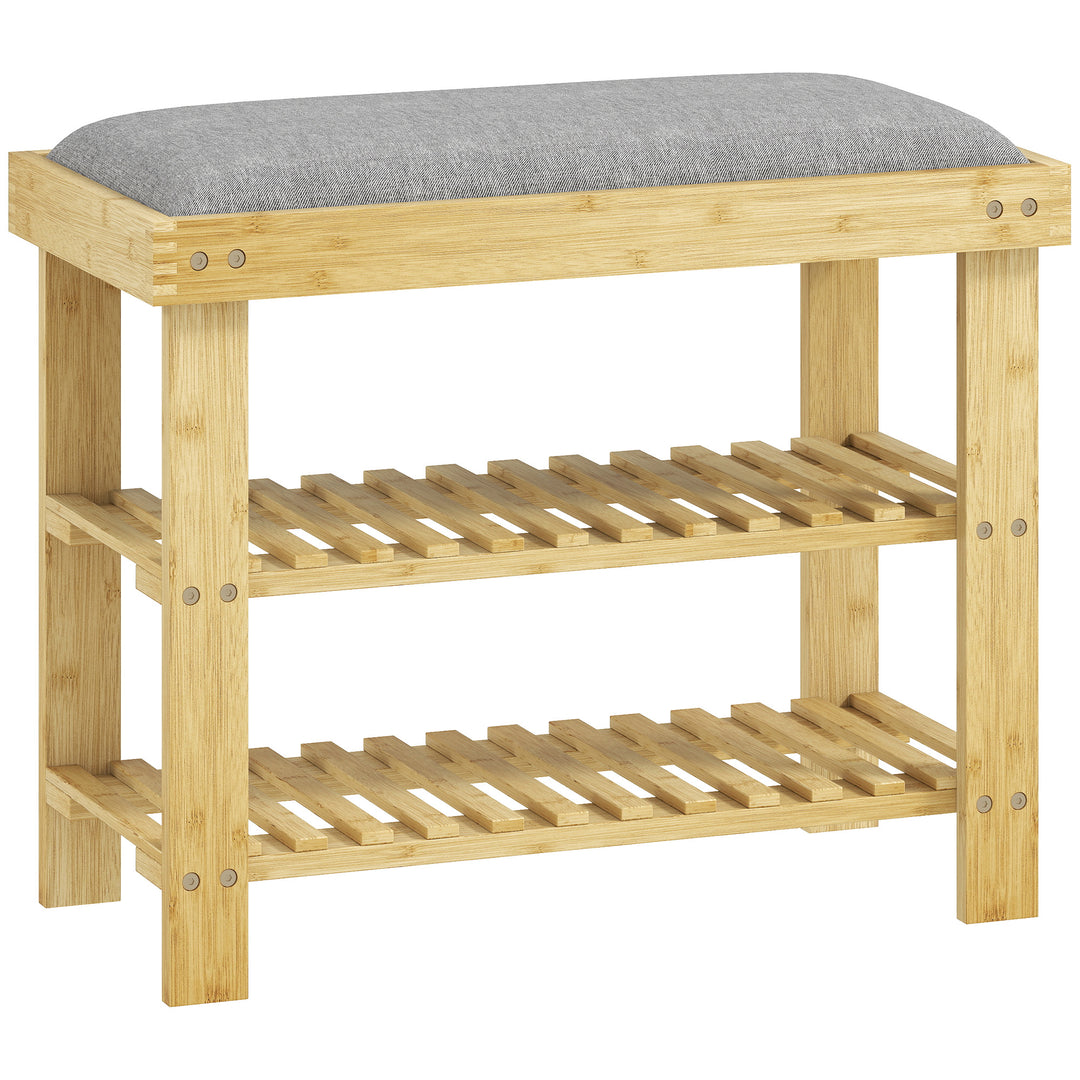 Skobænk med sæde, bambusbænk med opbevaring, 2 åbne rum, bænk 60 x 29 x 49 cm grå