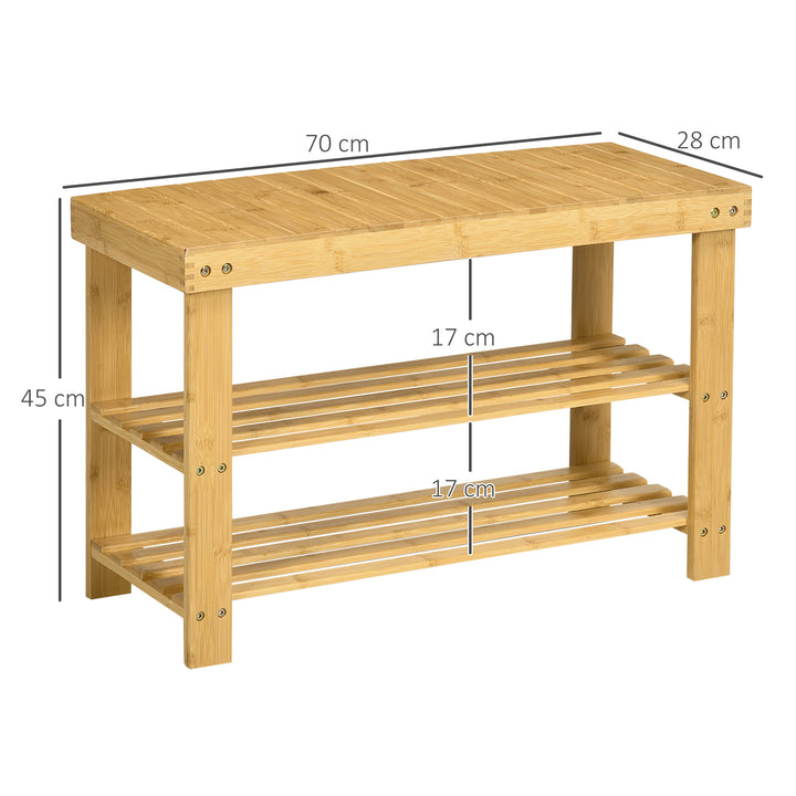 Skobænk, 3 niveauer, plads til 6-9 par sko, op til 130 kg, bambus, 70 x 28 x 45 cm