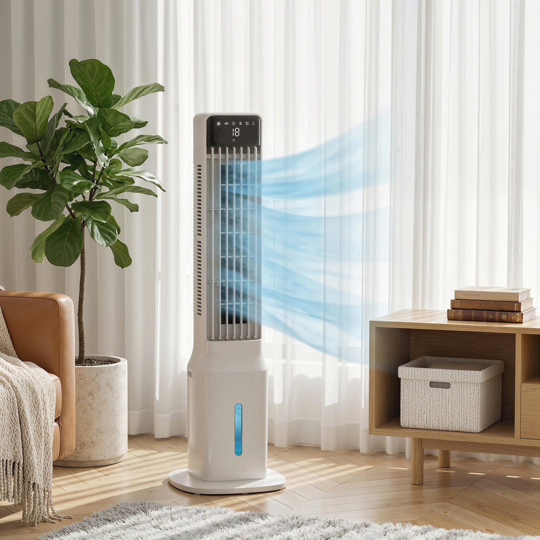 Bærbar luftkøler, 3-i-1 fordampningsluftkøler med 9-liters vandtank, 48° oscillation, 3 hastigheder, 3 tilstande, hvid