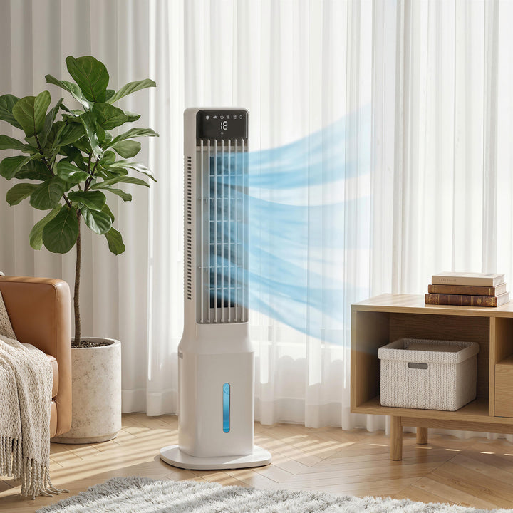Bærbar luftkøler, 3-i-1 fordampningsluftkøler med 9-liters vandtank, 48° oscillation, 3 hastigheder, 3 tilstande, hvid