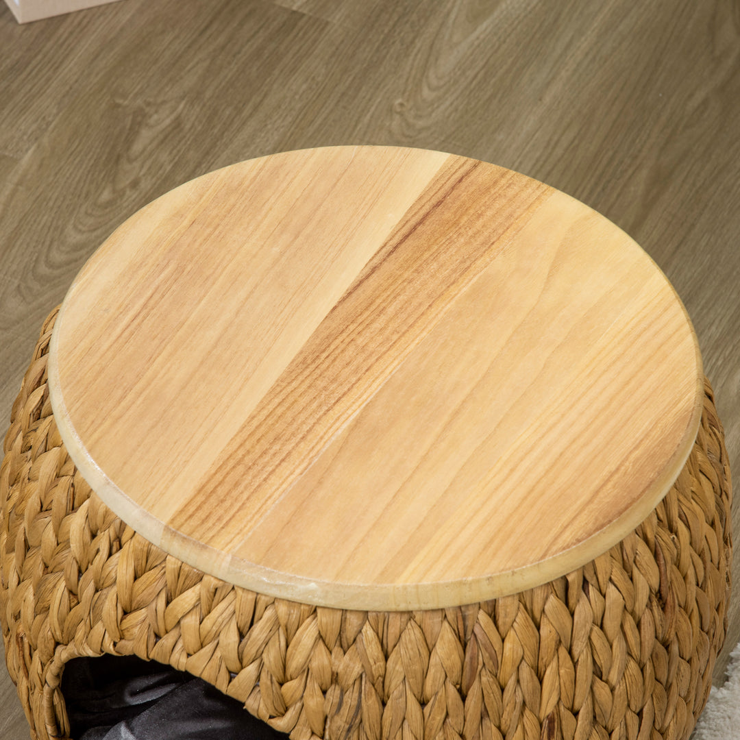 Vandhyacintgræs kattehule med vaskbar hynde, 44 cm x 43 cm x 42 cm, lysebrun + naturtræ + grå