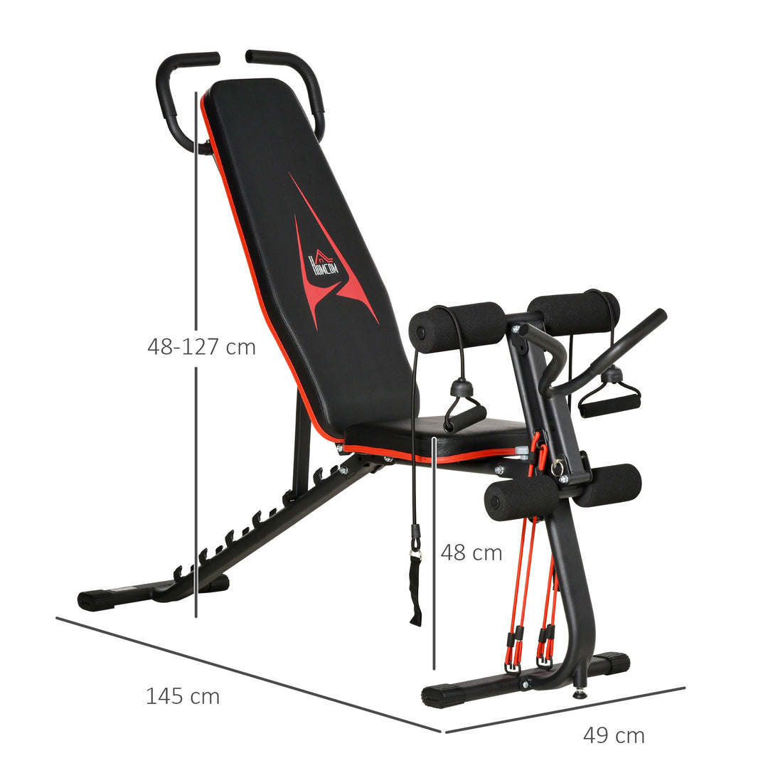 Vægtbænk justerbar træningsbænk med elastisk reb siddebænk til hjemmetræning 6 niveauer ryglæn skråvægt op til 150 kg stål kunstlæder sort+rød 145 x 49 x 48-127 cm