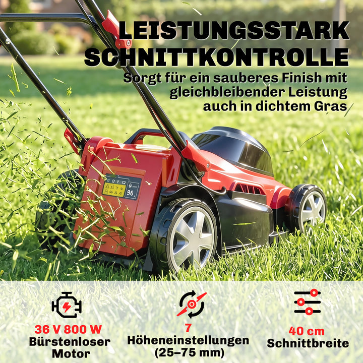 Elektrisk plæneklipper 800 W med 40 cm klippebredde, 45L græsopsamler, batteriindikator, overbelastningsbeskyttelse, 7 klippehøjder