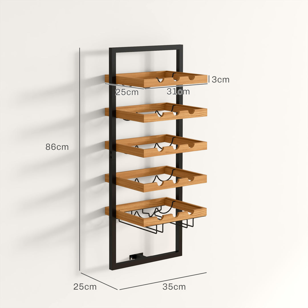 Vægmonteret vinreol, 5 etager, flaskeholder, glasholder, fyrretræ, stål, hjemmebar, køkken, stue, brun