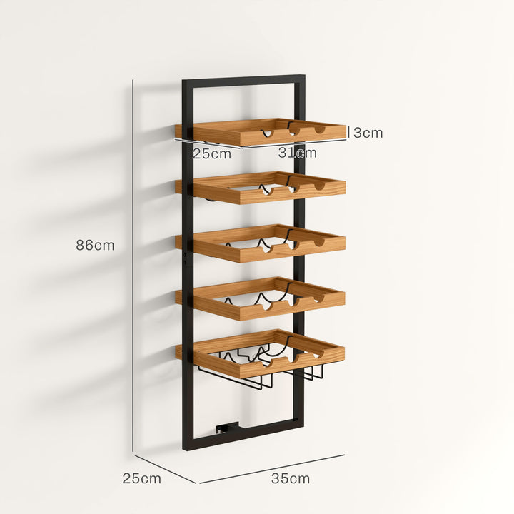 Vægmonteret vinreol, 5 etager, flaskeholder, glasholder, fyrretræ, stål, hjemmebar, køkken, stue, brun