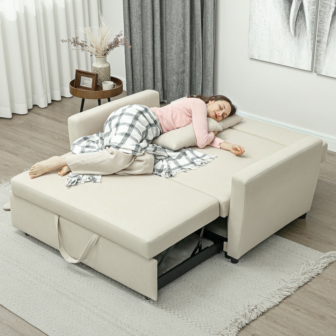 2-Personers sofa med sengefunktion, justerbar ryglæn, polstret sofa, fløjlslook, til stue, soveværelse, beige