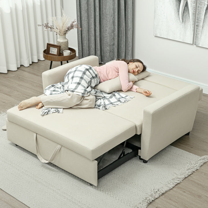 2-Personers sofa med sengefunktion, justerbar ryglæn, polstret sofa, fløjlslook, til stue, soveværelse, beige