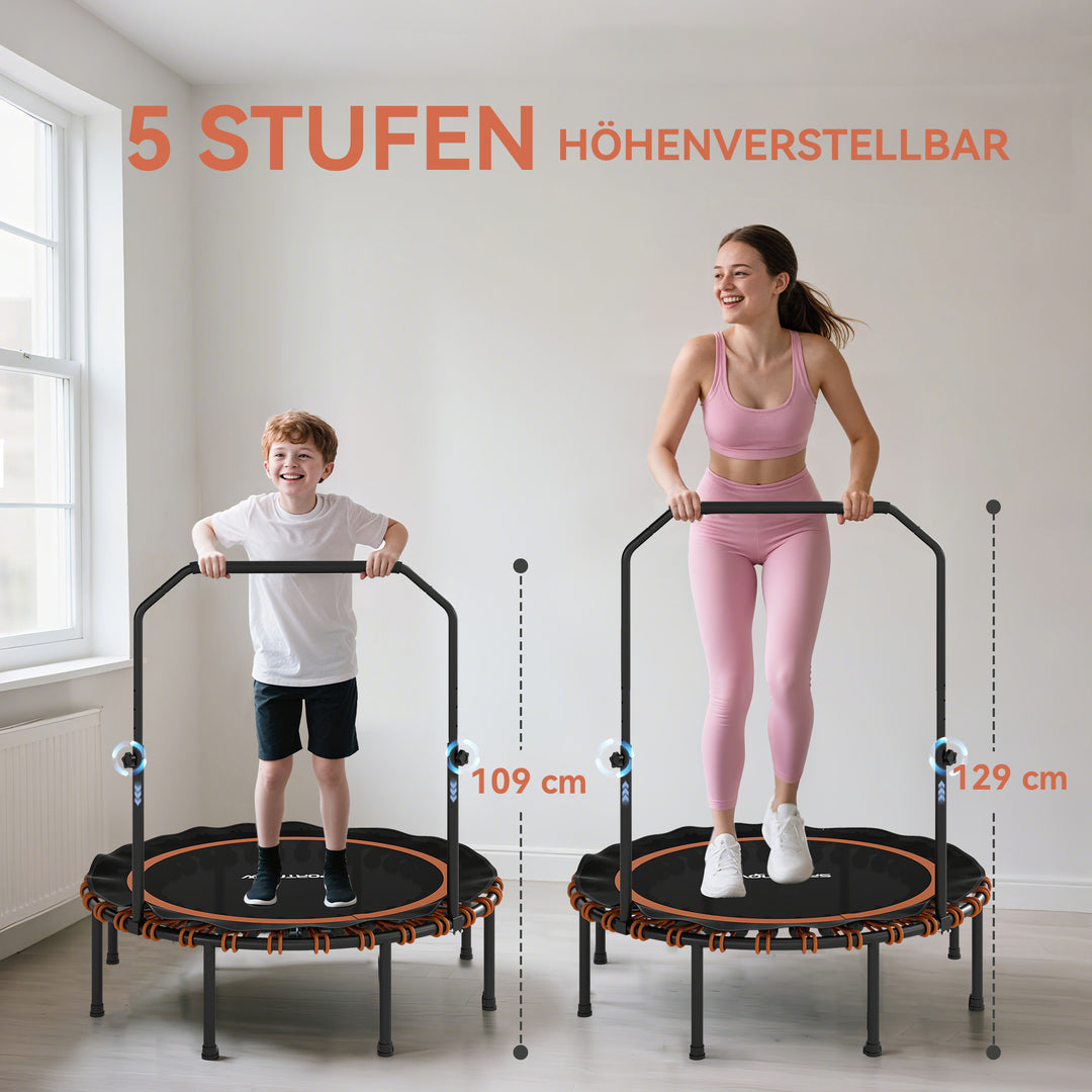 Fitnesstrampolin med justerbart gelænder, sportstrampolin til indendørs og udendørs brug, stål, plastik, orange