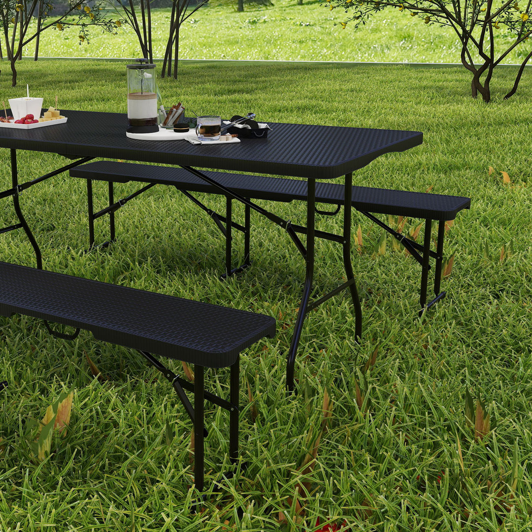 Picnicbord og bænke, 3-delt sæt, foldbart, plastik, metal, sort