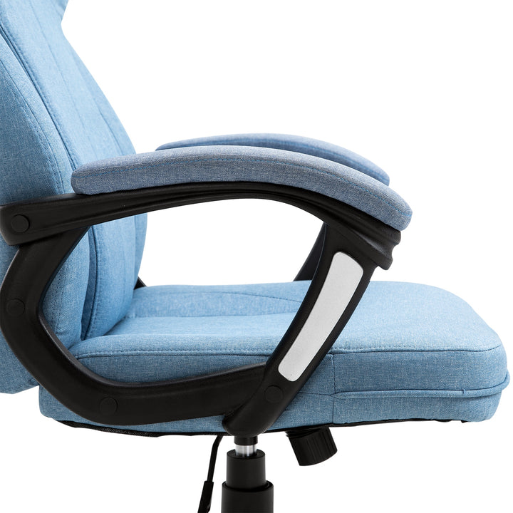 Kontorstol, computerstol, drejestol, højdejusterbar, vippefunktion med nakkestøtte og polstrede armlæn, ergonomisk, lyseblåt hør, 66 x 75 x 110-120 cm